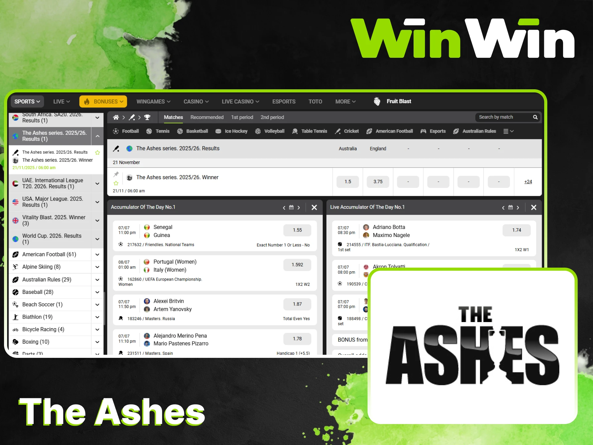 Place your bets on the Ashes tournament at WinWin.