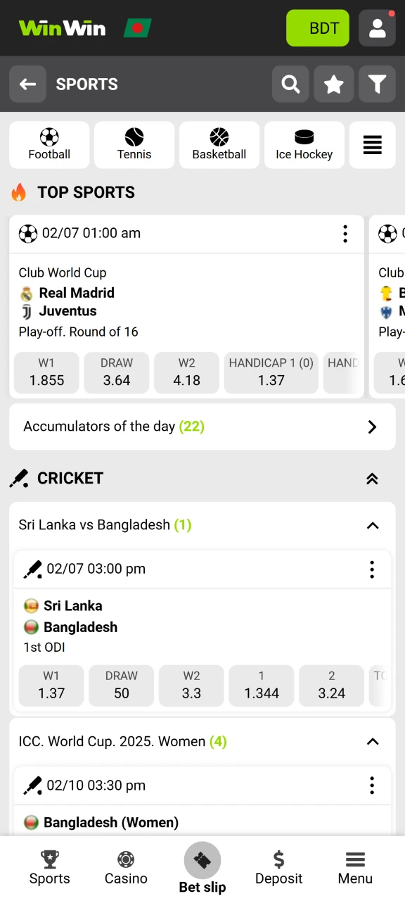 Choose your favorite sport for betting at WinWin.