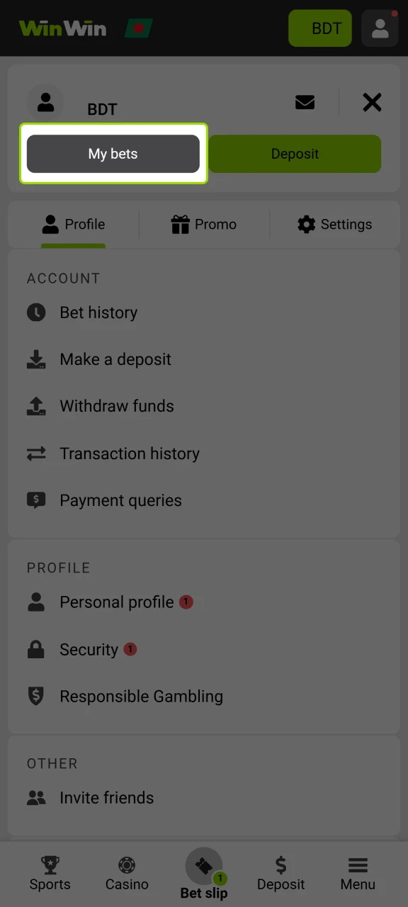 Monitor your bets in a special section of the WinWin website.