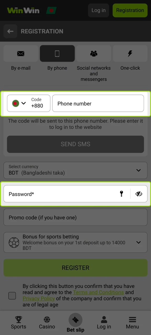 Add your phone number and password to register at WinWin.